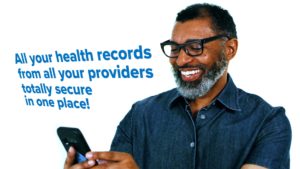 Man looking at phone reading about his health records